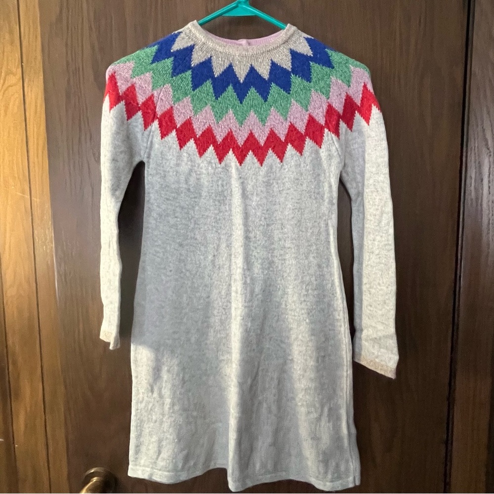 Mini Boden sweater dress with colorful Fair Isle patterned yoke